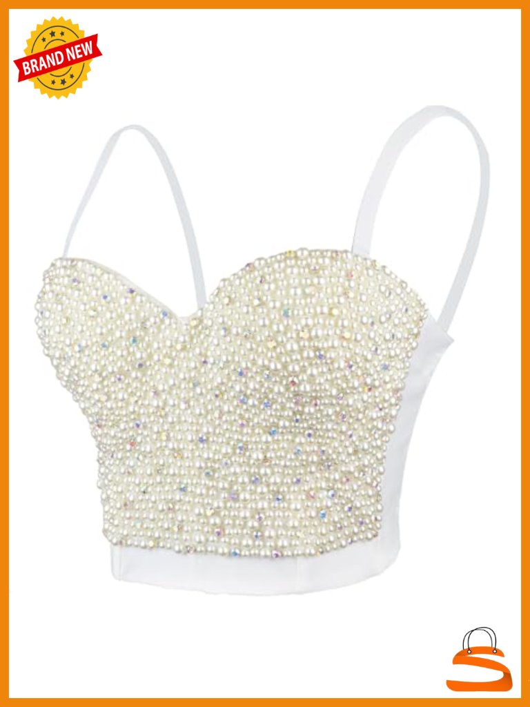 Beaded Rhinestone Bustier Crop Top Corset With Detachable Straps